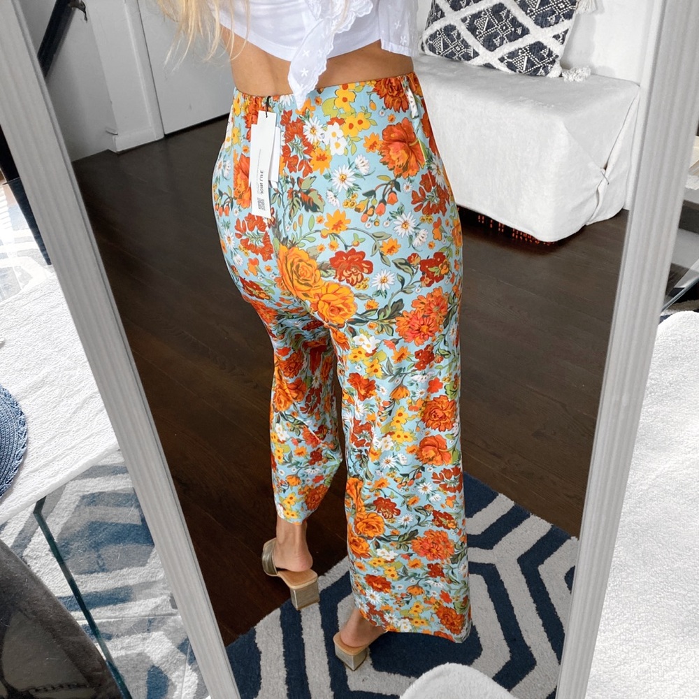 🌼 ZARA BOHO BLUE ORANGE FLORAL HIGH WAIST PANTS/LEGGINGS! - Picture 4 of 13
